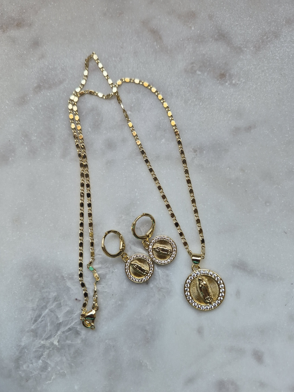 Virgin Mary Medallion Necklace and Earring Set Gold Plated